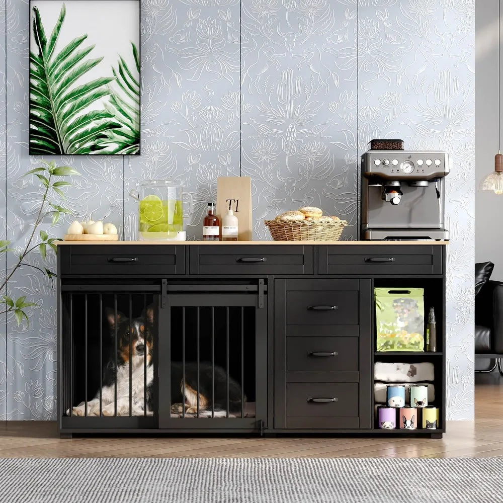 Dog Crate Furniture With Storage, 72.4" Wooden Heavy Duty Dog Kennel Table Furniture With Drawers & Shelves, Indoor Dog House TV