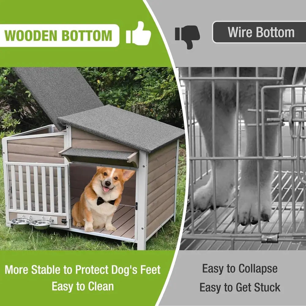 Outdoor Dog House for Large Breeds with Anti-Chew Iron, Weatherproof Kennel with 360° Rotating Bowls for Small to Medium Dogs