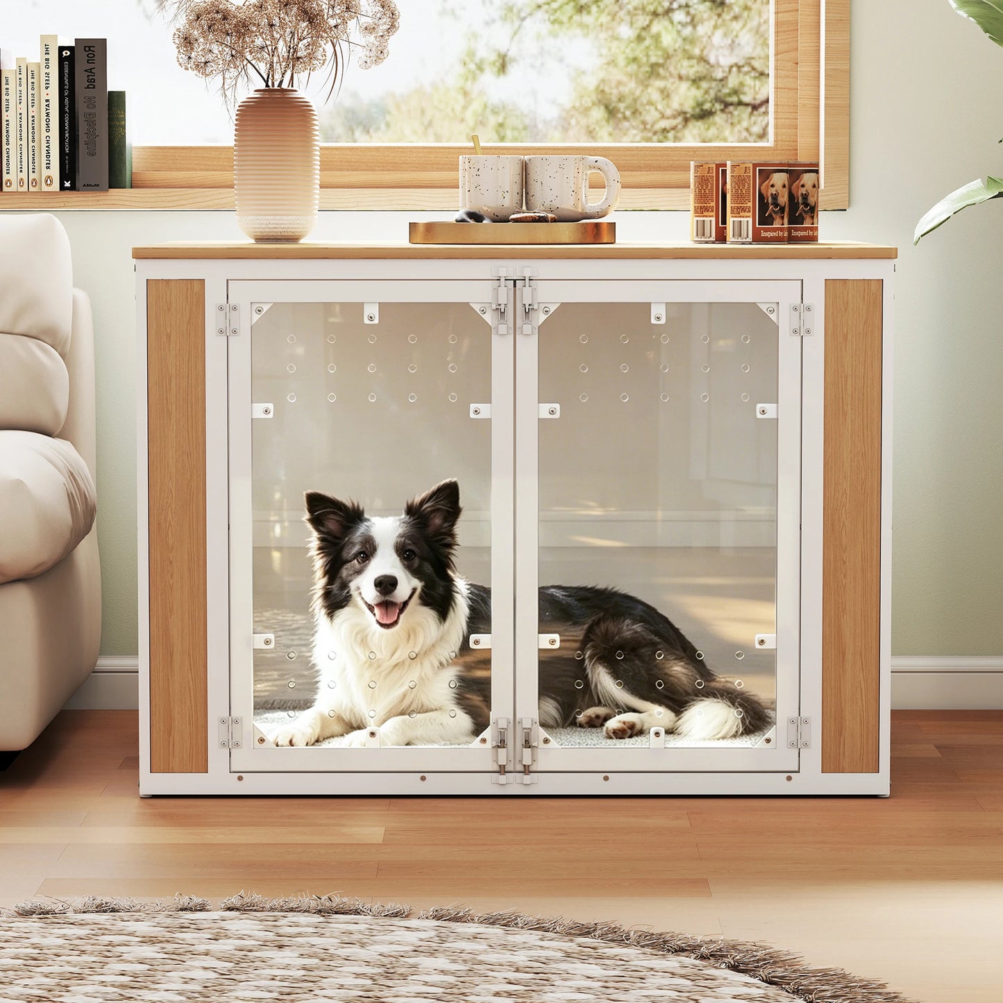 Modern Acrylic Dog Crate Furniture with Wood Top,Indoor Dog Crate Furniture Style End Table, Chew-Proof Breathable Pet Kennel with Double Doors, Stylish Indoor Dog House End Table for Medium to Large Dogs, (Suitable for 20-90lbs)