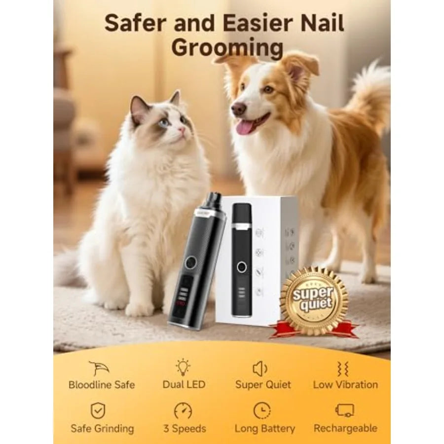 Dog Nail Grinder, Quiet Electric Dog Nail Trimmer with 2 LED Lights, 3-Speed Pet Nail Grinder for Dogs Cats, Rechargeable 2000m