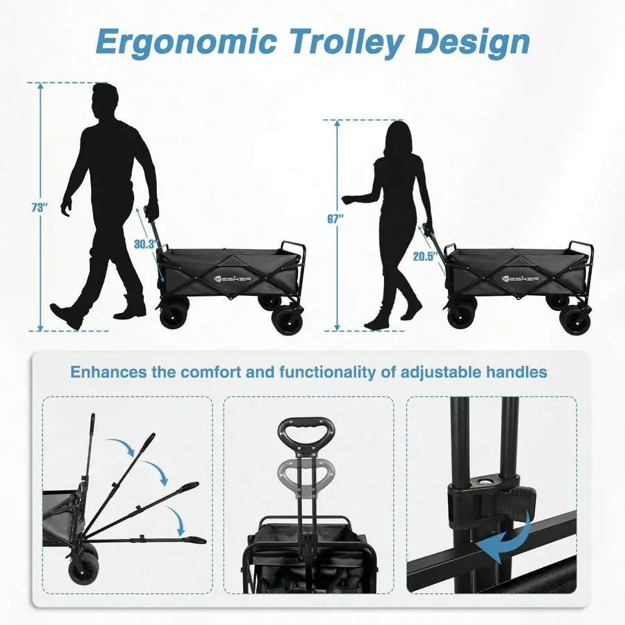 Portable Folding Outdoor Food Truck Collapsible Wagon Cart, 360° All-Terrain Wheels Drink Holders Large Capacity  For Camping