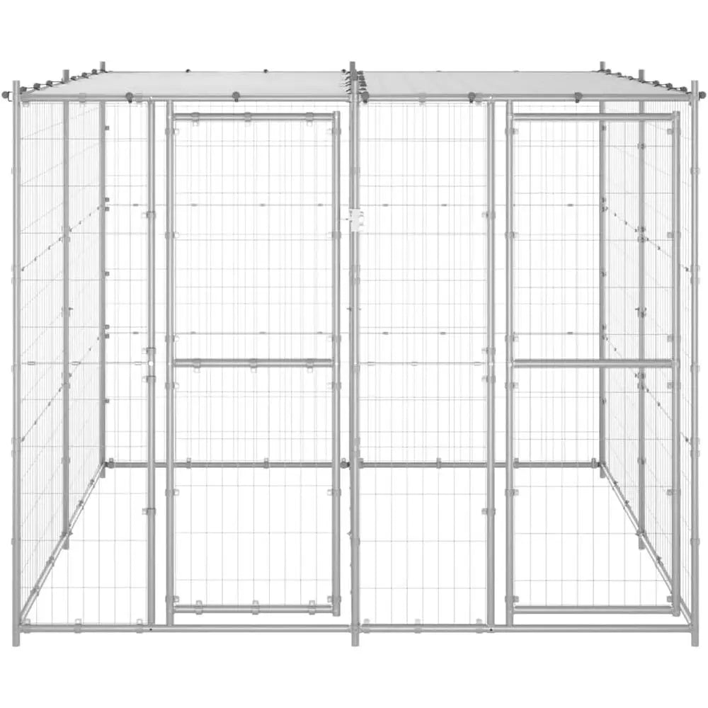 Sturdy Outdoor Metal Dog Crate, Lockable Kennel with Roof, Silver, 86.6L x 86.6W x 70.9H