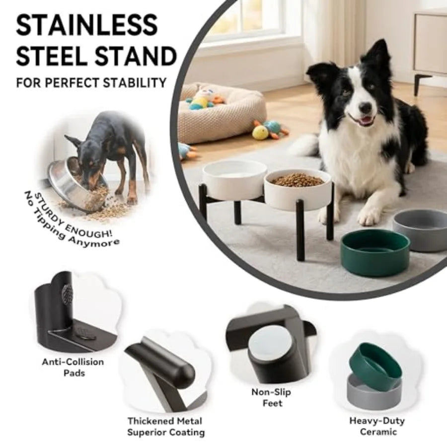 Dog Bowls Elevated - Ceramic Raised Dog Bowl with Non Slip Steel Stainless Stand - No Spill and Heated Feeding Station