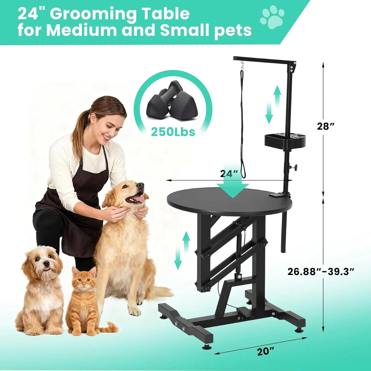 24'' Hydraulic Lift Dog Grooming Table, Adjustable Cat Drying Rotating Desktop Foldable, Adjustable Arm, Portable, Non-Slip Grooming Table for Large Small Dogs at Home, Capacity 250LBS, Pet Products