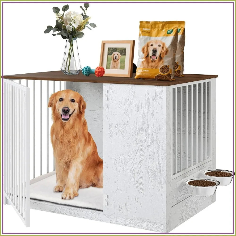 36" Wooden Dog Crate Furniture for Large Dogs, 270° Swivel Door, 360° Rotating Feeder, Double Locks, White