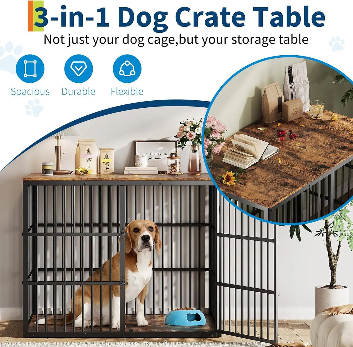 48-inch Heavy-Duty Dog Kennels 3 Lockable Doors Indoor Dog Kennel Wooden Dog Crate End Table Furniture Pet Cage for Medium/Large Dogs