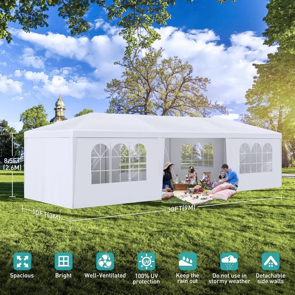 10'x30' Outdoor Party Tent, Large Tents for Parties, Wedding, Birthday, White Canopy Tent with 7 Removable Sidewalls & Transparent Windows