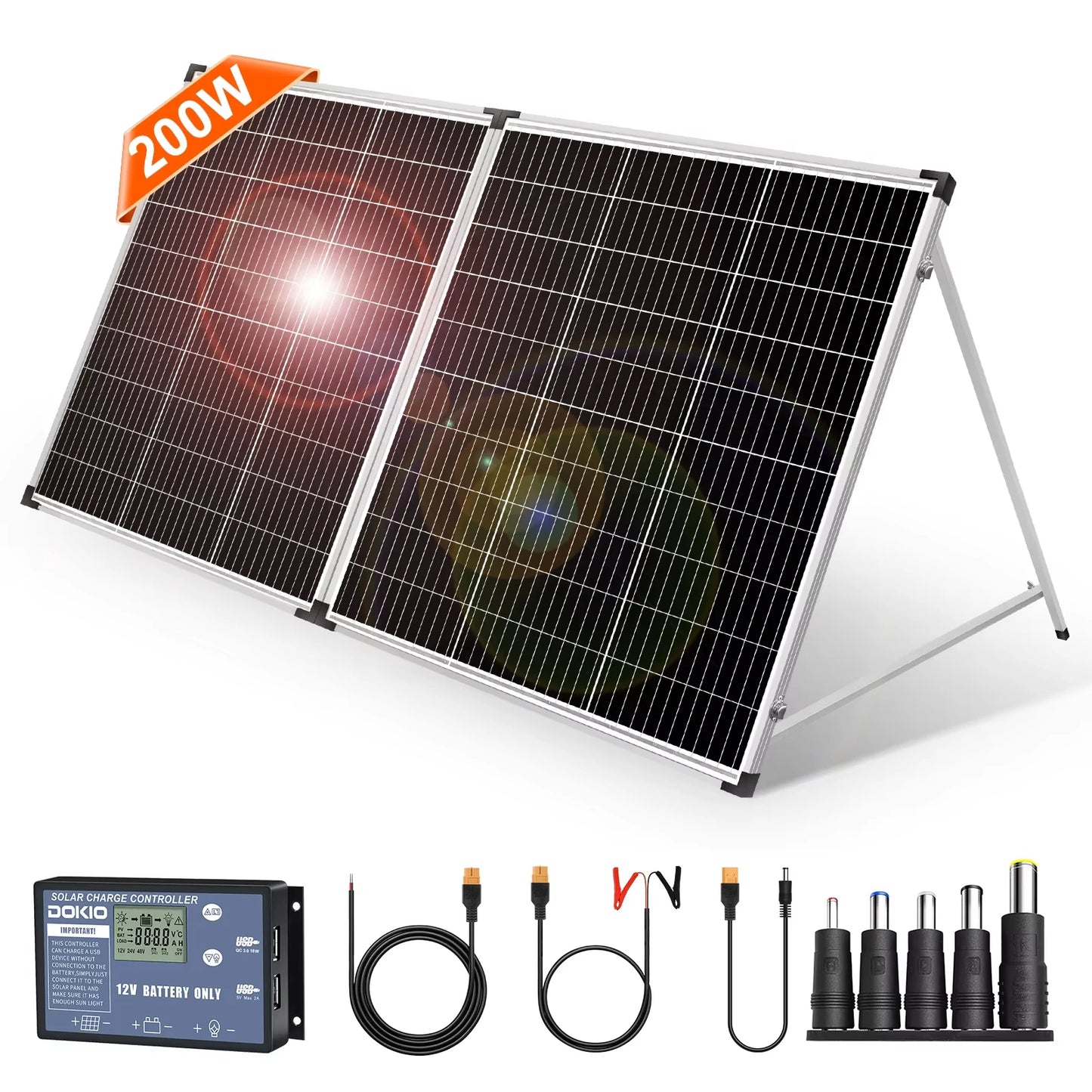 100W/160W/200W Foldable Glass Solar Panel Kit with 12V Controller, Cable Set, for RV/Home/Backup Power