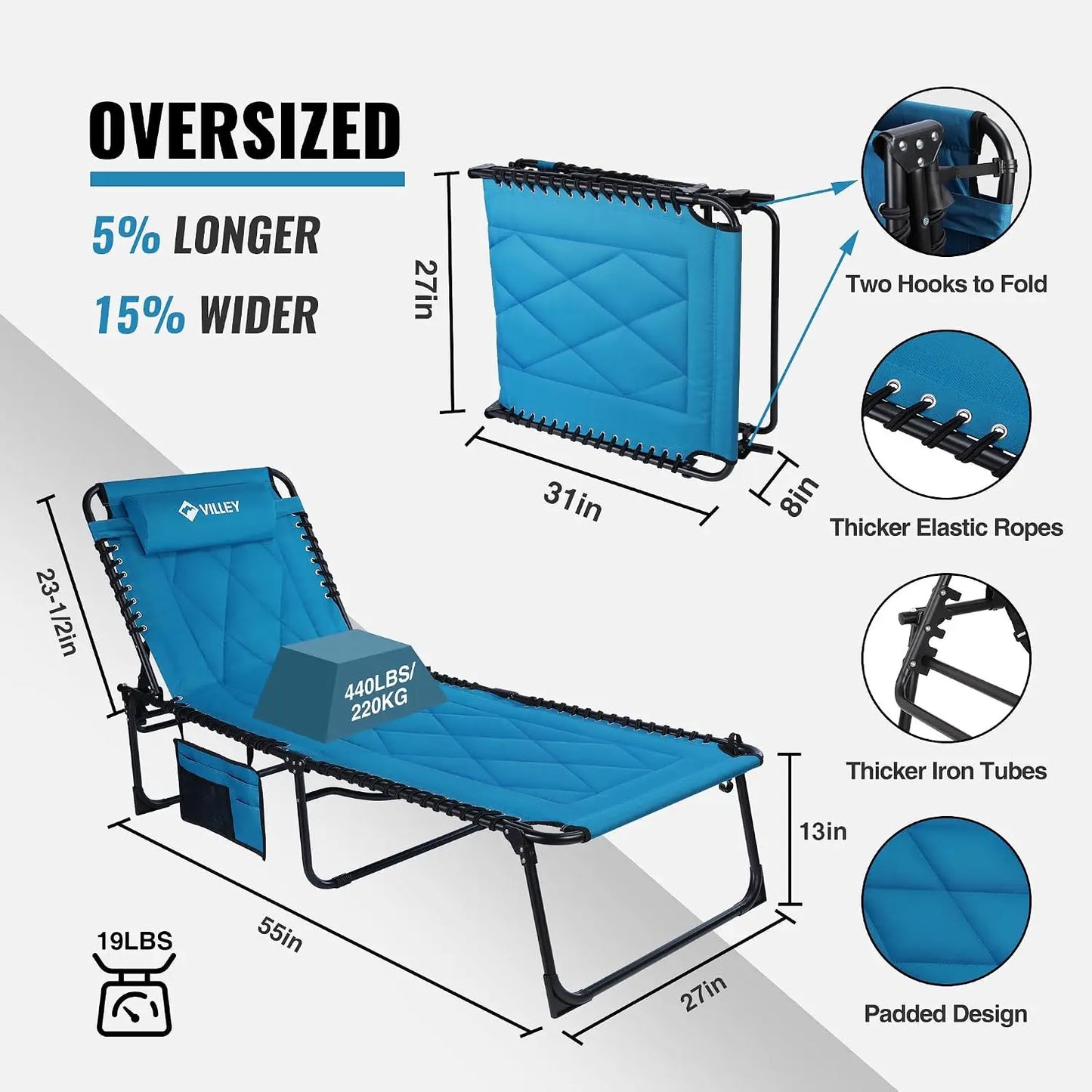 Oversized Padded Chaise Lounge with Cushion, Foldable Camping Cot, Patio Reclining Chair for Outdoor Indoor Backyard Garden Camping Relaxing Beach