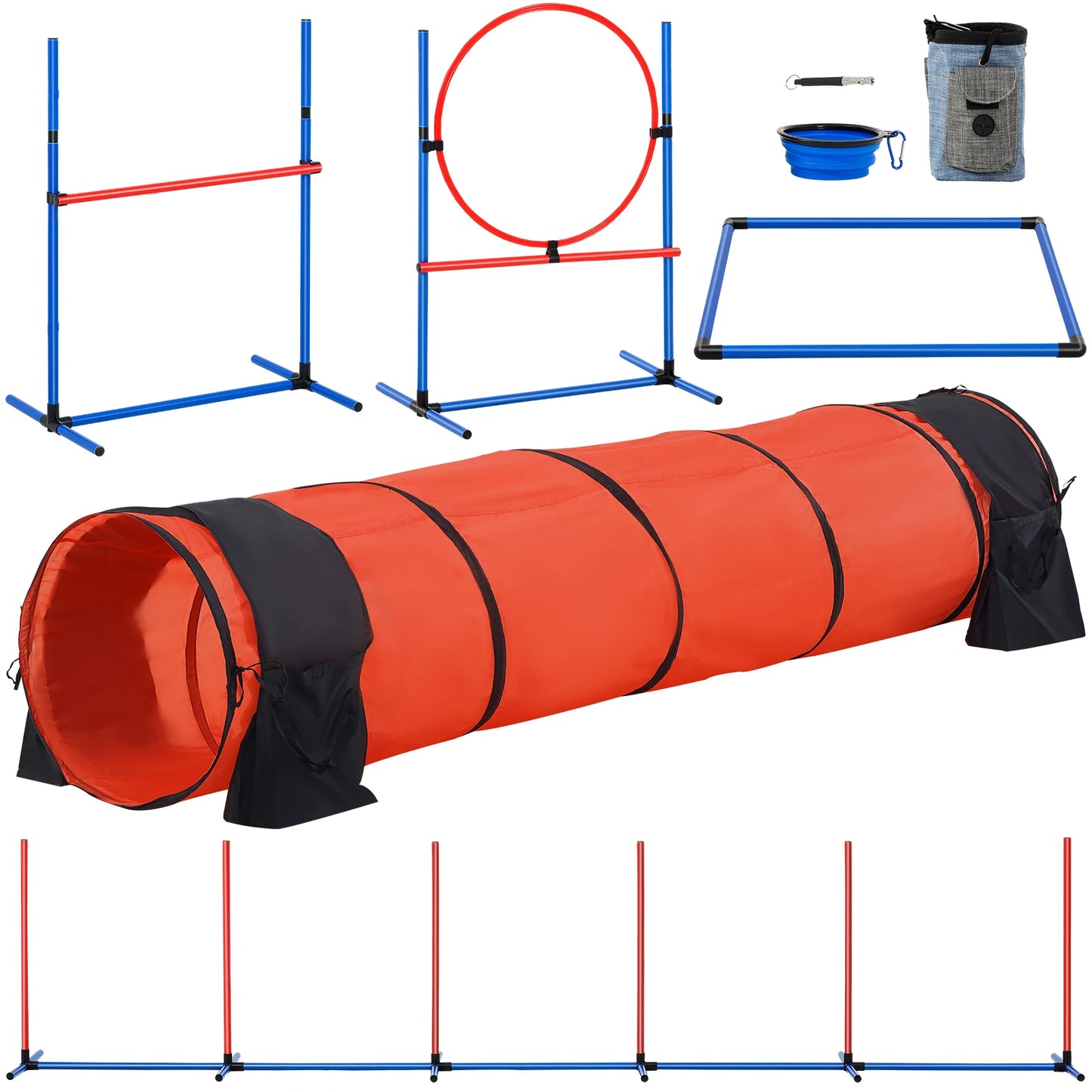 Dog Agility Training Equipment 5 PCS Set Upgrade with Adjustable Hurdles Extend Tunnel Puppy Obstacle Course Kit with Bag