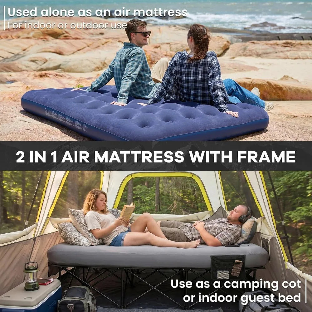 Queen Camping Cot With Electric Pump, Inflatable Air Mattress Bed, Folding Frame, Cup Holders, Carry Bag for Adults, 80x60