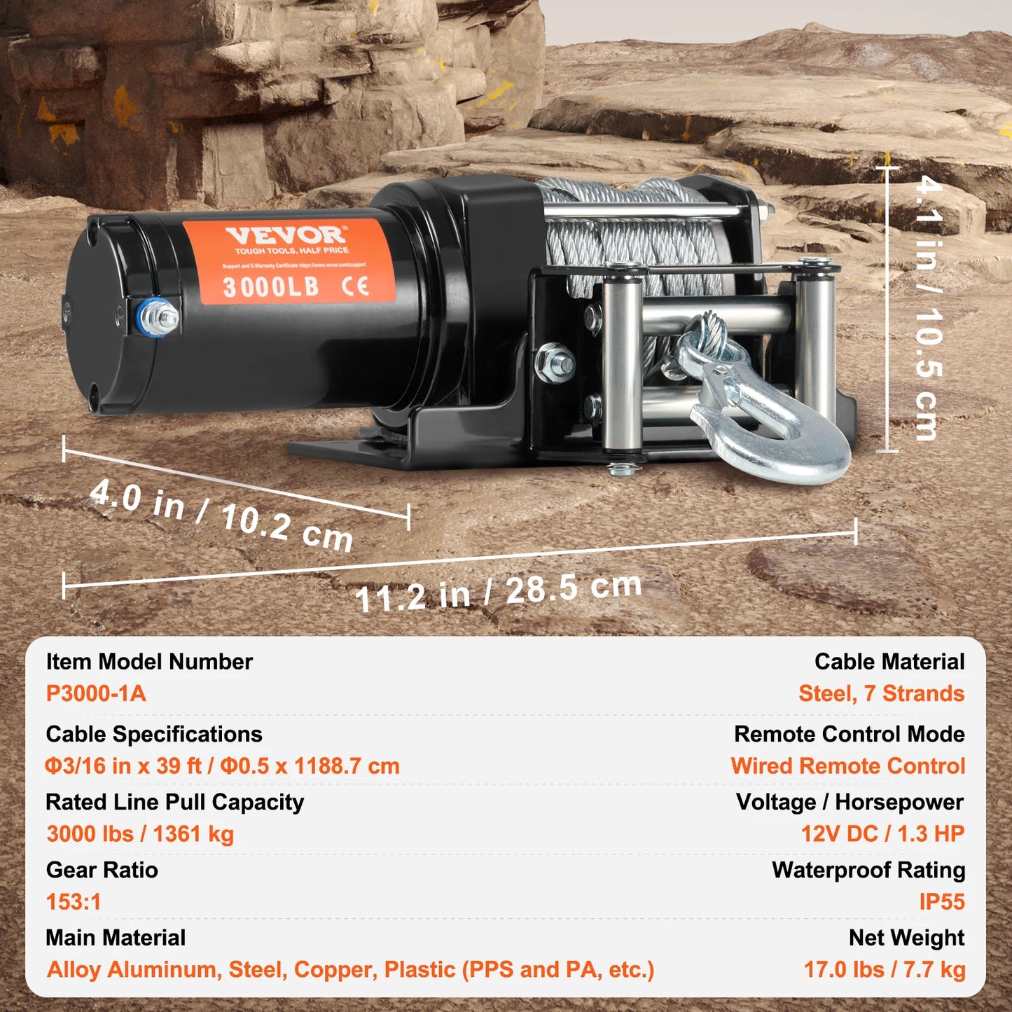 3000lbs ATV/UTV Electric Winch 12V DC Steel Rope Winch with  39ft Cable Roller Wired Remote Control for Towing Off-Road