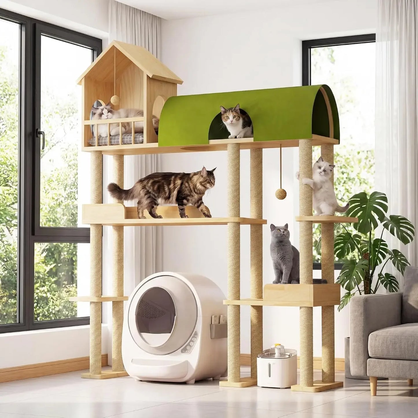 60" Solid Wood Cat Tower for Heavy Cats, Space-Saving with Litter Box Area, Multi-Level for Indoor Multi-Pet Homes