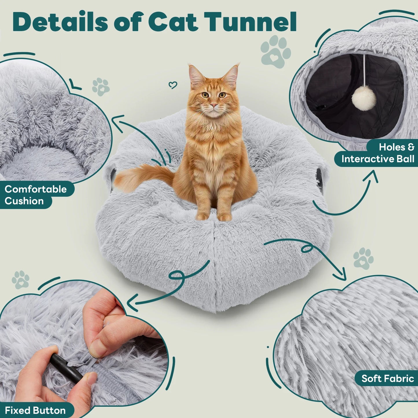 Cat Tunnel Bed for Indoor with Soft Plush Washable Multi-functional Playground Under Tree Pet Toys for Kittens Puppy