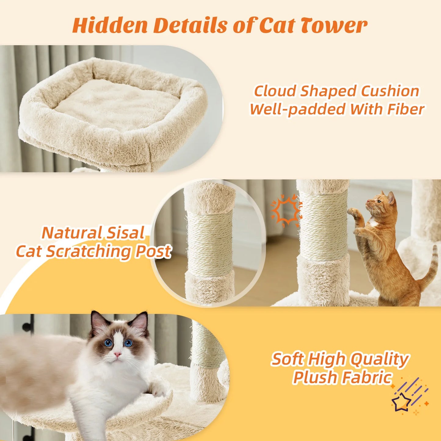 44IN Cat Tree Tower, Cat Climbing Tower with Natural Sisal Scratching Posts, Pet Condo for Indoor Cats and Kittens Play