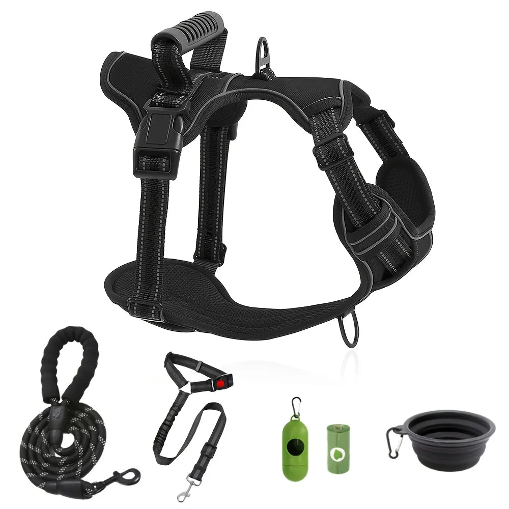 6 in 1 No-Pull Dog Harness And Leash Set Adjustable Reflective No-Choke Pet Oxford Vest with 2 Leash Clips And Easy Control Handl