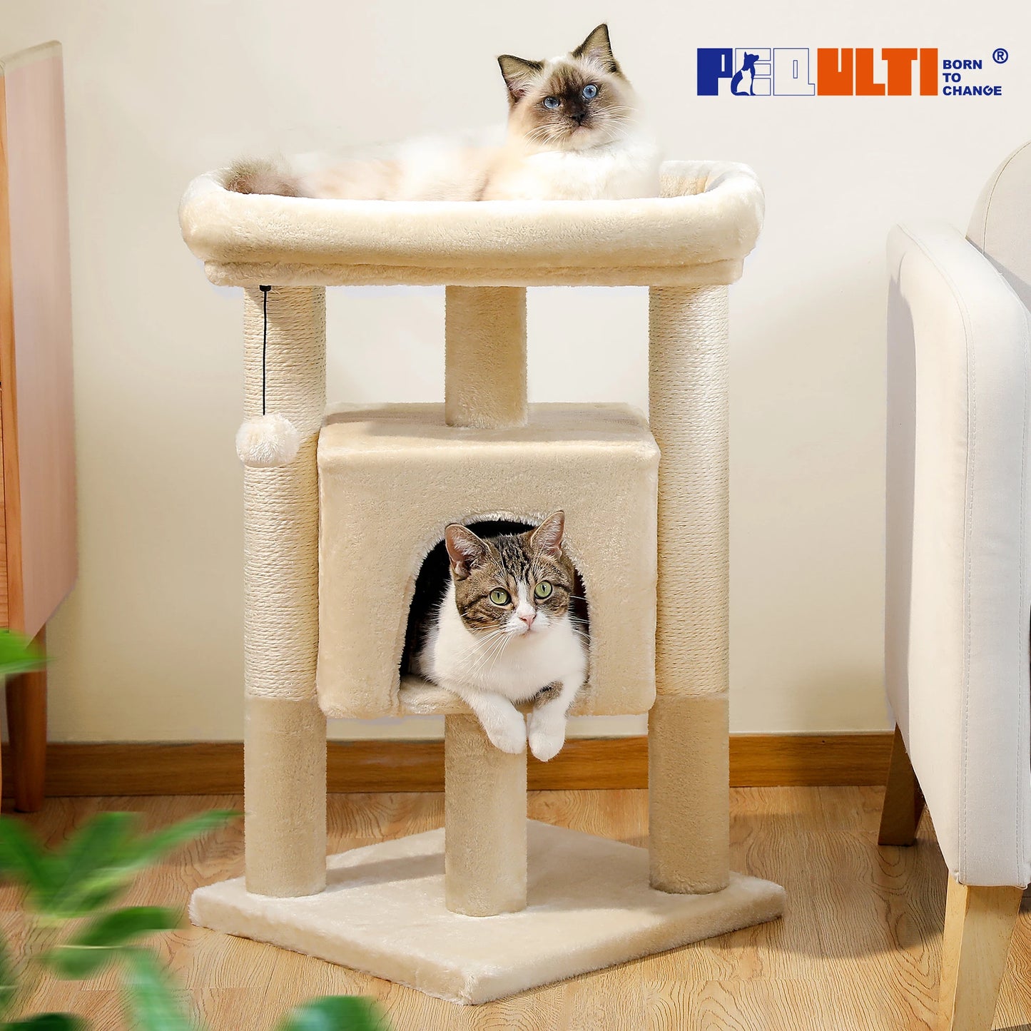 Small Cat Tree Tower with Natural Sisal Scratching Posts, Soft Top Perch, and Plush Pom-Pom Cozy Cat Condo Bed for Indoor Cat Toys