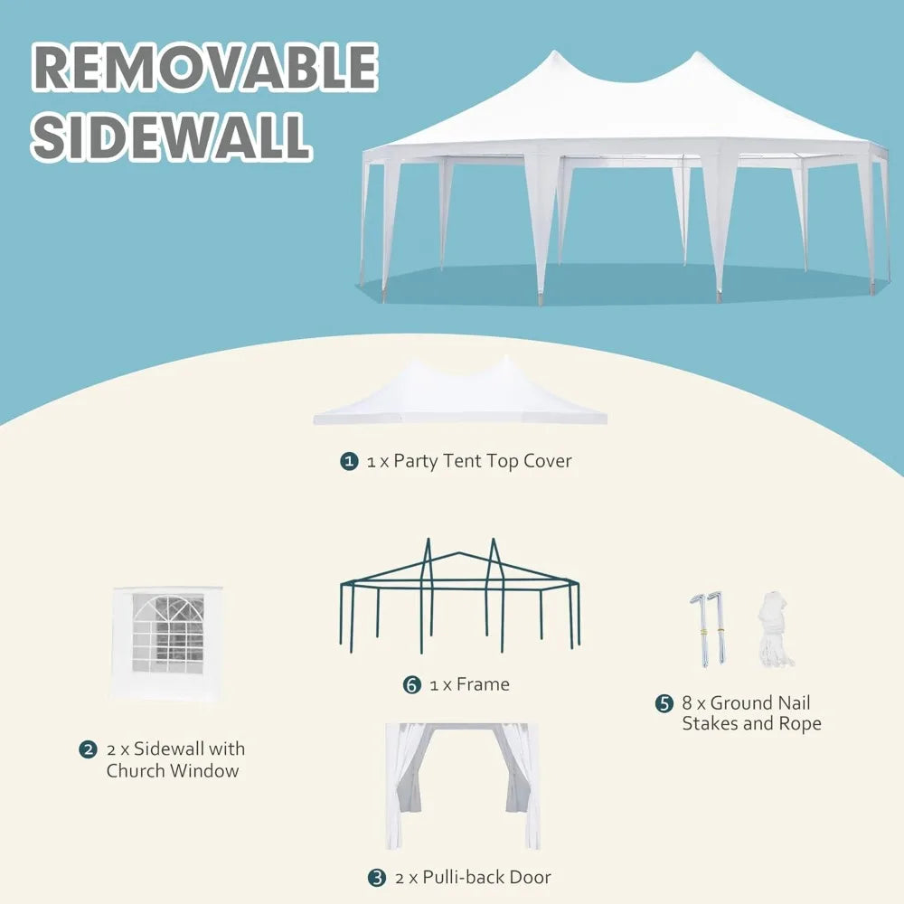 26' x 19' Party Tent, White Wedding Tent, Decagonal Heavy Duty Canopy with 8 Removable Sidewalls, 8 Church Windows, and 2 Pull-Back Doors