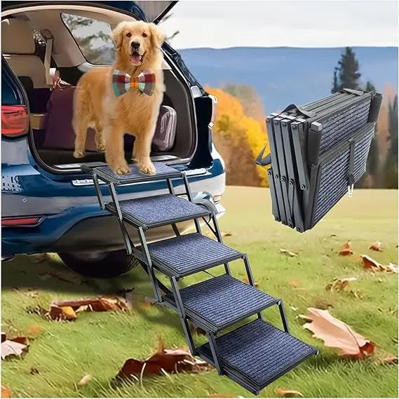Dog Ramp for Car Truck, and SUV Dog Stairs for Large Dogs Folding Pet Stairs With Non-Slip Rug Surface Supports Up to 250 lbs
