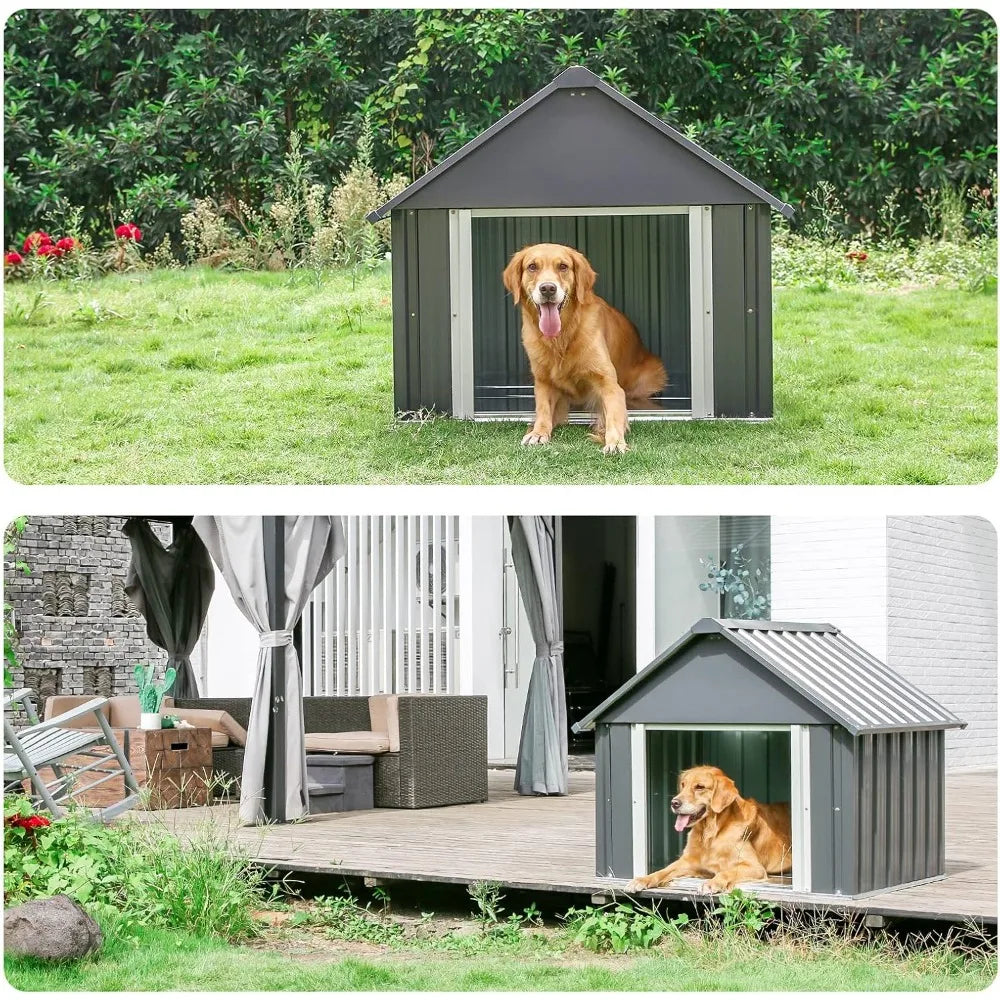 34 X 38 X 35 Inch Metal Dog House, Indoor Outdoor Doghouse for Medium Large Dogs, Weatherproof Puppy Shelter, Sturdy and Long-Lasting