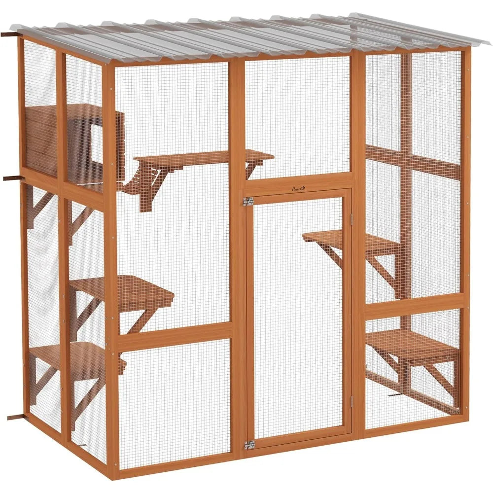 Catio Outdoor Cat Enclosure Window Box, Wooden Cat House Playground with Scratching Posts, Weather Protection Roof