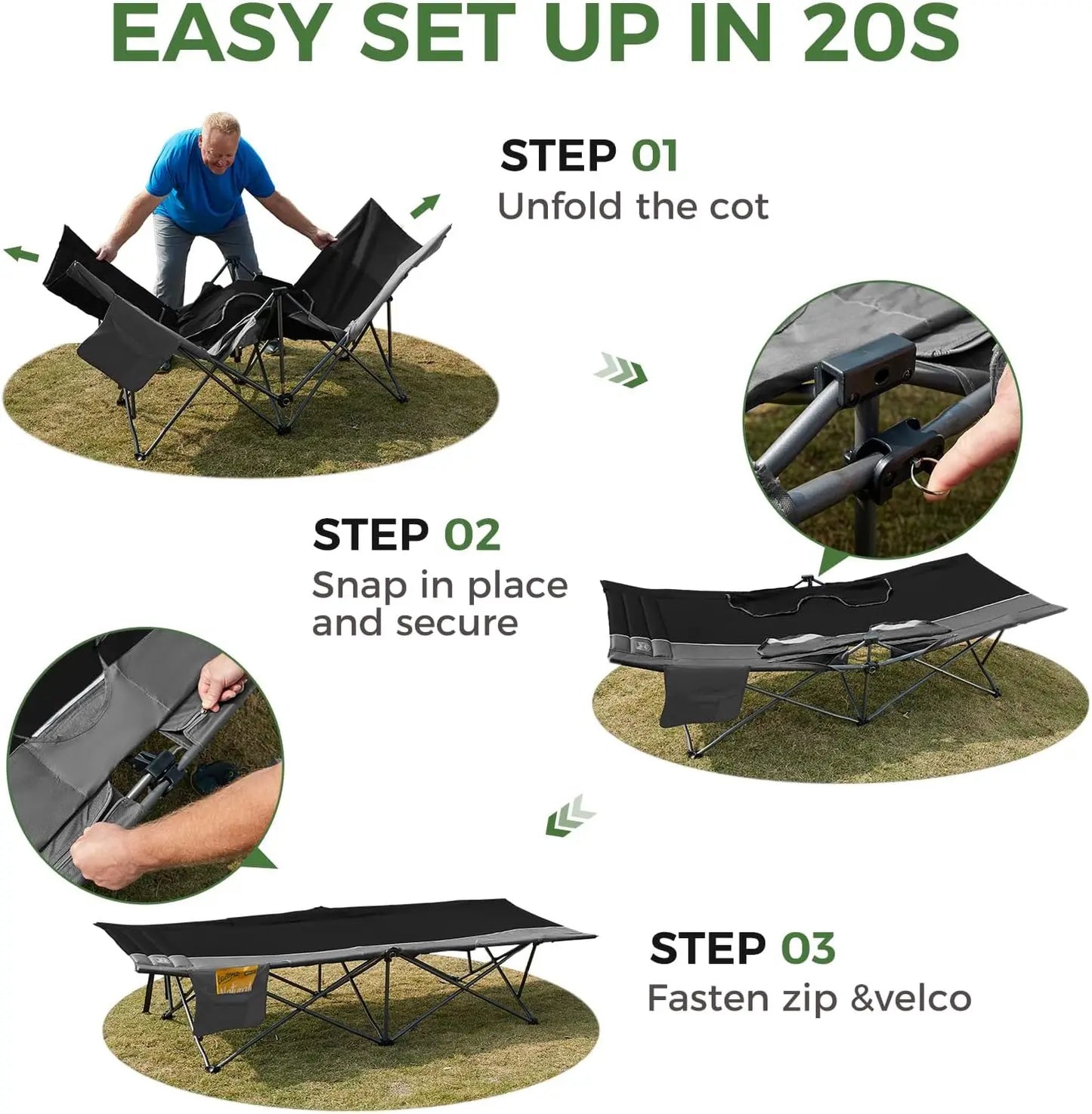 Extra Wide Heavy Duty Camping Cot for Adults, 32.5in Oversized Sleeping Cot with Carry Bag, Easy Set Up, Supports 450lbs, Black
