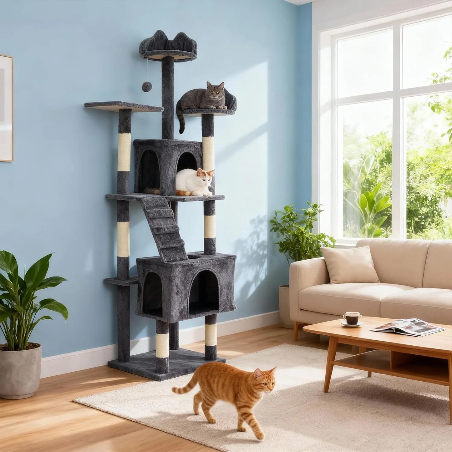 72" Cat Tree for Large Cats, Multi-Level Cat Tower with 6 Sisal Scratching Posts, 2 Condos, 3 Perches, Hammock & Dangling Toys, Sturdy Particle Board with Anti-Tip Kit, Dark Grey