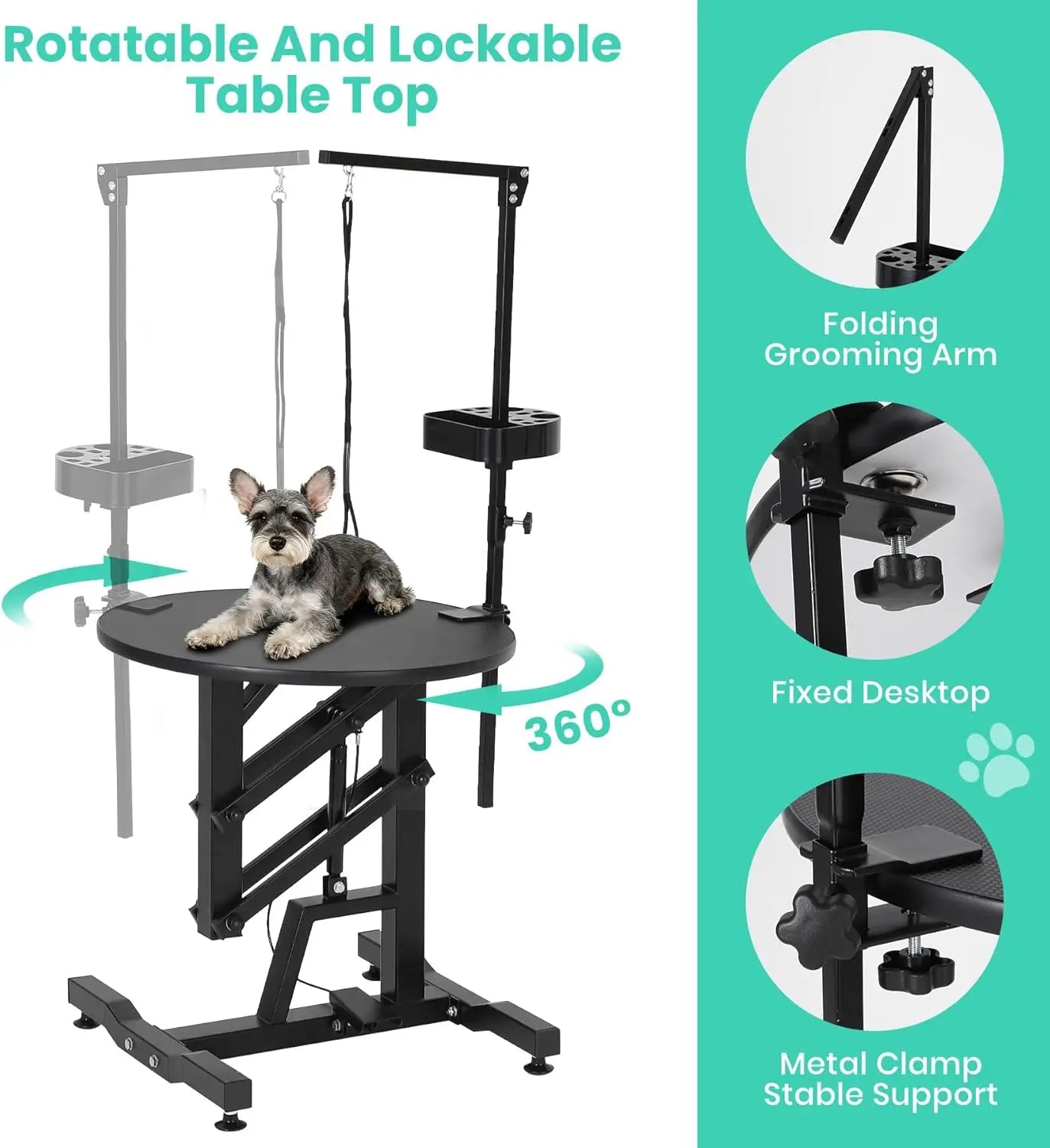 24'' Hydraulic Lift Dog Grooming Table, Adjustable Cat Drying Rotating Desktop Foldable, Adjustable Arm, Portable, Non-Slip Grooming Table for Large Small Dogs at Home, Capacity 250LBS, Pet Products