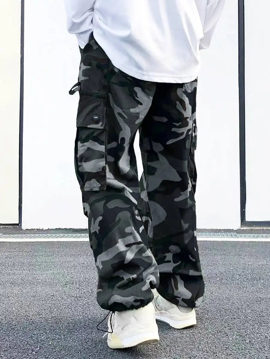 Loose Fit Camo Print Flap Pocket Drawstring Waist Cargo Pants For Men Fall
