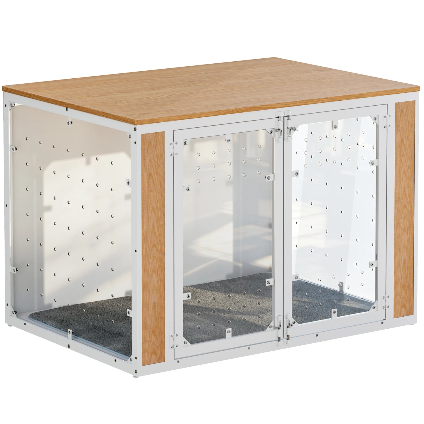 Modern Acrylic Dog Crate Furniture with Wood Top,Indoor Dog Crate Furniture Style End Table, Chew-Proof Breathable Pet Kennel with Double Doors, Stylish Indoor Dog House End Table for Medium to Large Dogs, (Suitable for 20-90lbs)