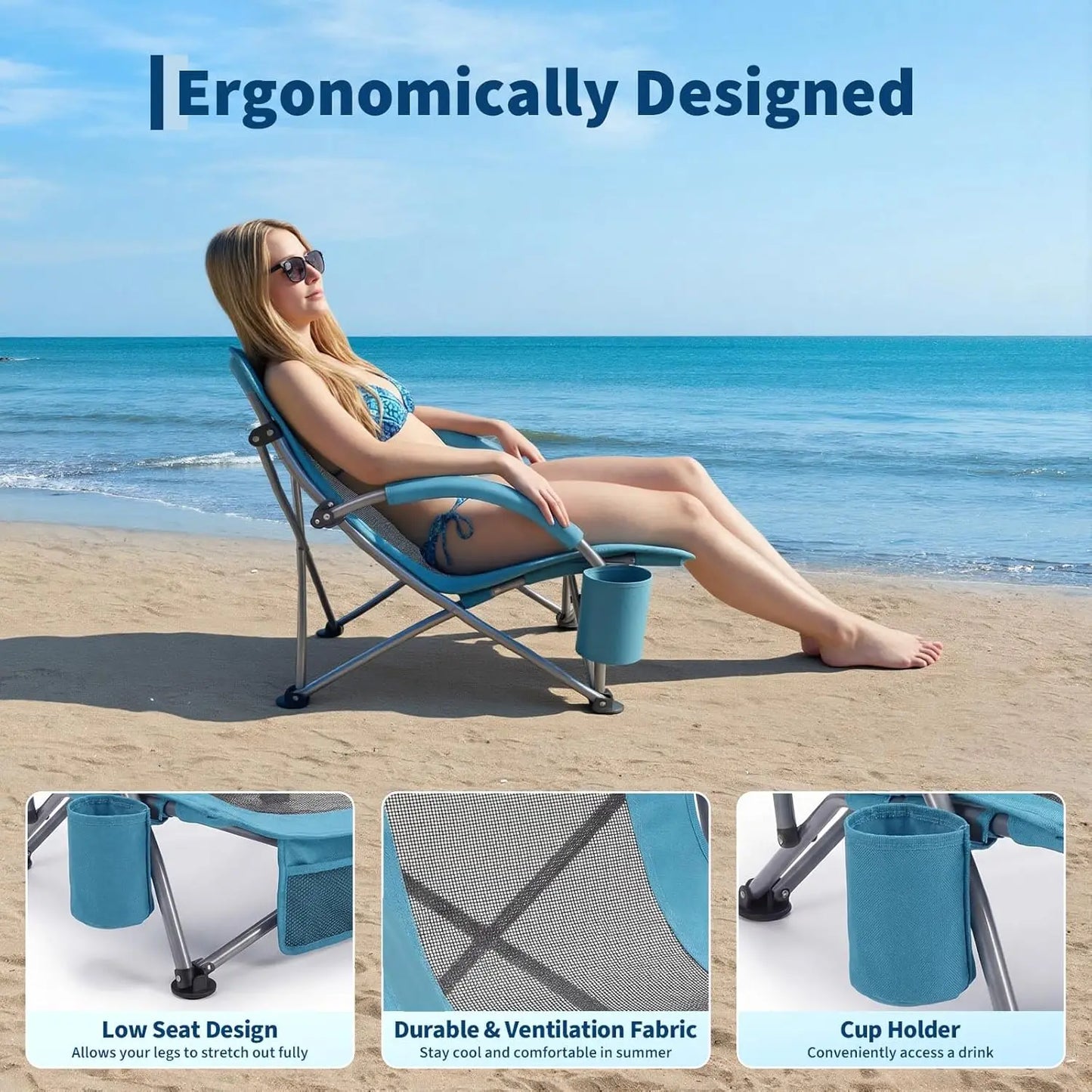 High Back Beach Chair, Folding Beach Chairs, Extra Wide Seat Chair with Cup Holder, Storage Pocket & Carry Bag for Camping Travel