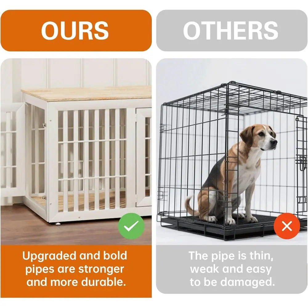 Rustic Wooden Dog Crate Furniture: Waterproof Top, Decorative Side Table for Small to Large Dogs (White & Wood)