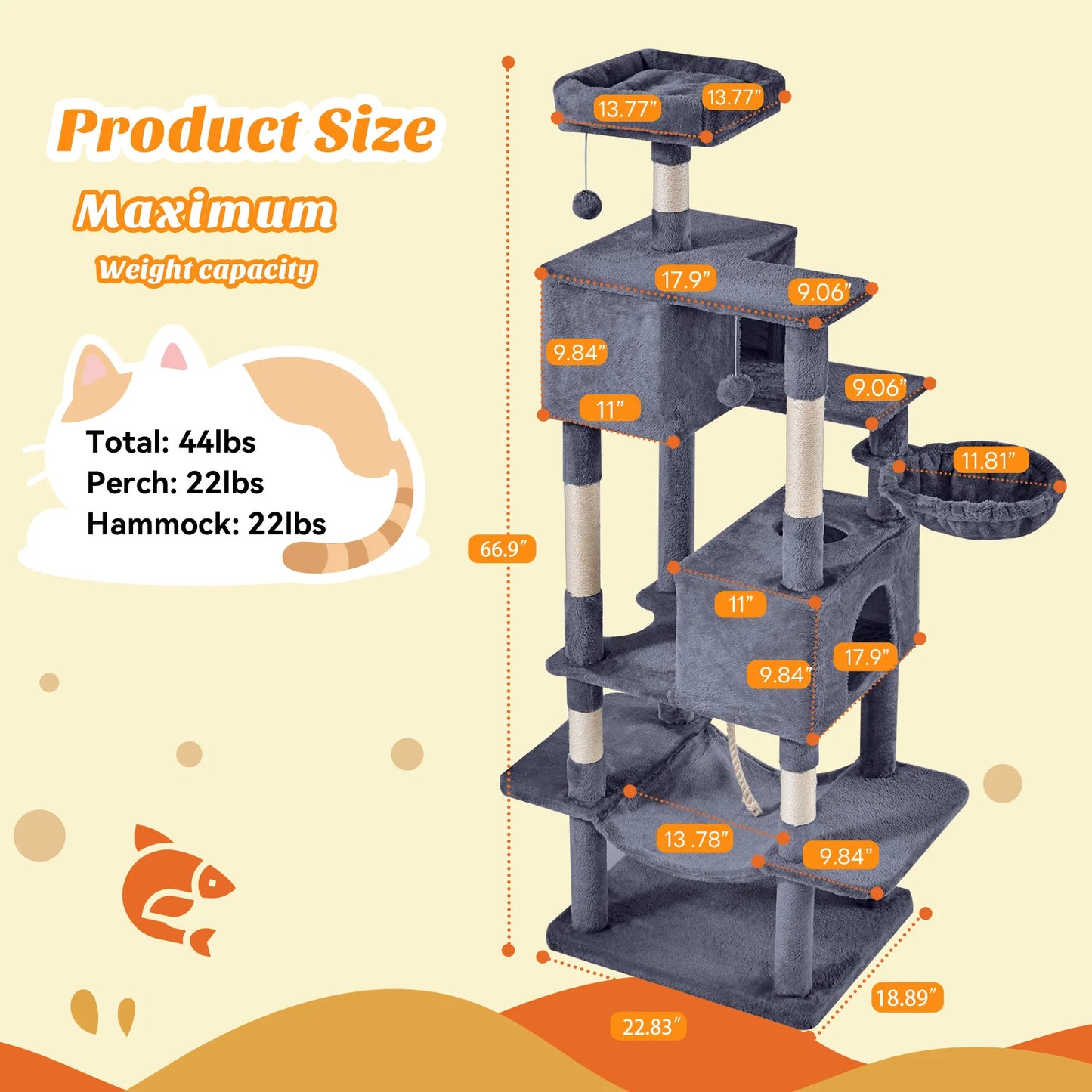 66 Inch Cat Tree Tower Multi-Level Cat Climbing Tower with Natural Sisal Scratching Posts, Pet Condo for Indoor Cats Kittens