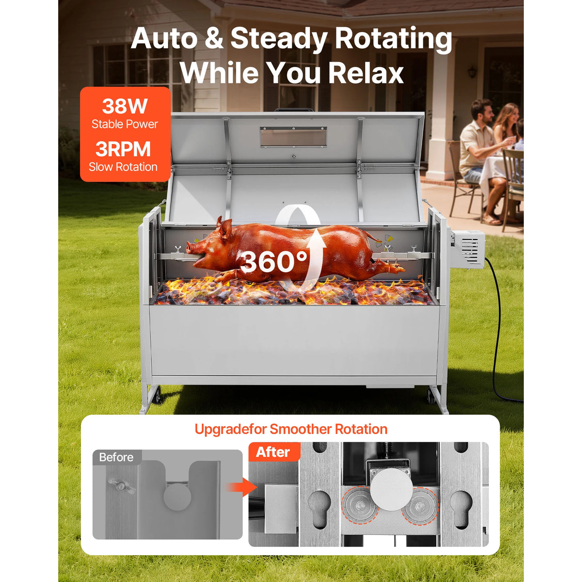 46/52inch Rotisserie Grill Stainless Steel Rotisserie Grill Kit BBQ Outdoor Pig & Lamb Spit Roaster Charcoal Spit Roast