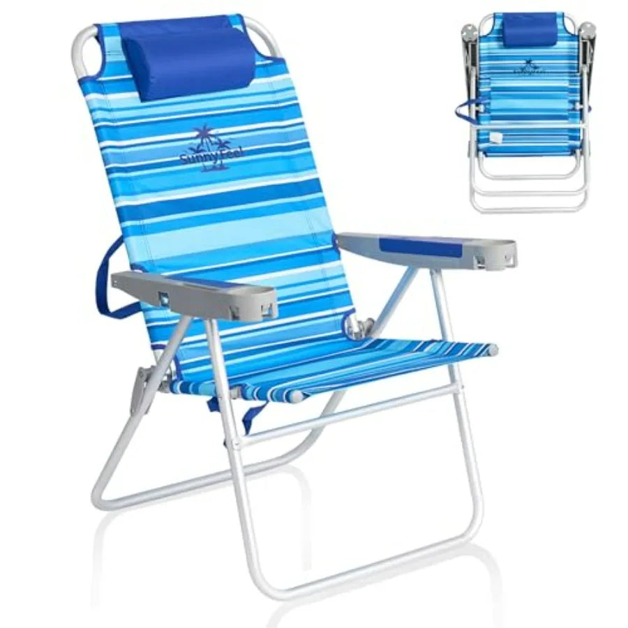 Outdoor Folding Beach Chair for Adults: Lightweight Aluminum Frame, Black Color, Supports 500 LBS With Cup Holders and High Back