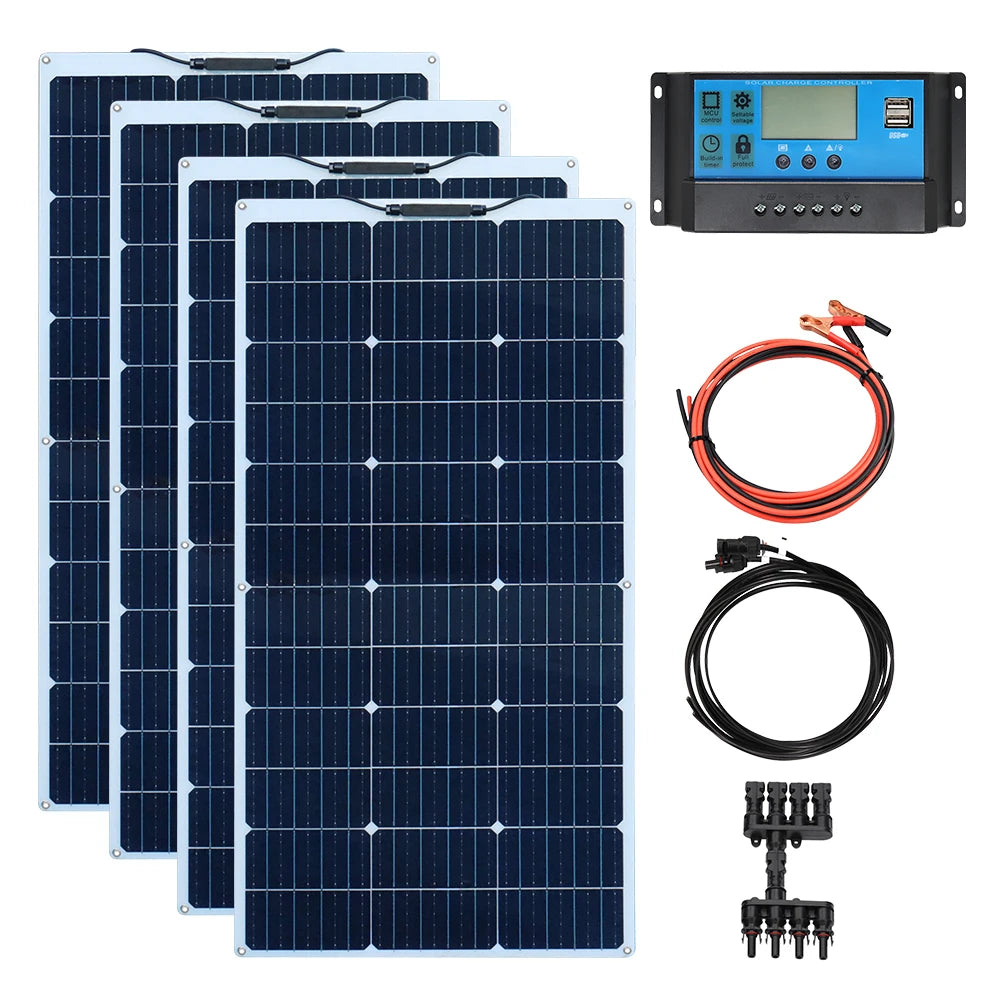 200W Solar Panels 100W Solar Panel 12V Solar Panel Kit 300W Flexible Solar Battery for RV Boat Cabin Tent Car Trailer Battery
