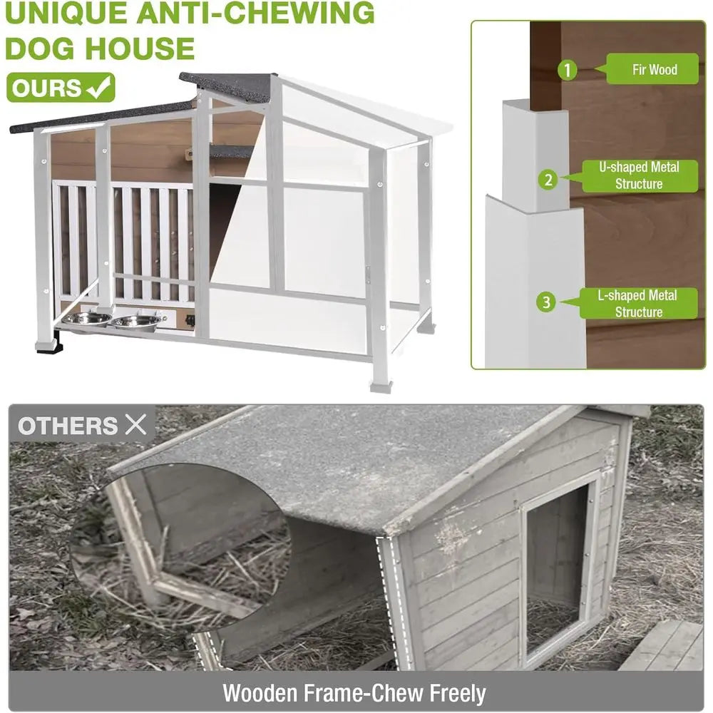 Outdoor Dog House for Large Breeds with Anti-Chew Iron, Weatherproof Kennel with 360° Rotating Bowls for Small to Medium Dogs