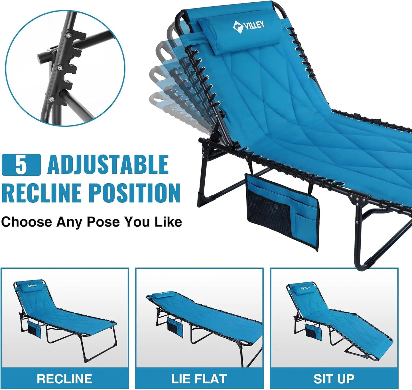 Oversized Padded Chaise Lounge with Cushion, Foldable Camping Cot, Patio Reclining Chair for Outdoor Indoor Backyard Garden Camping Relaxing Beach