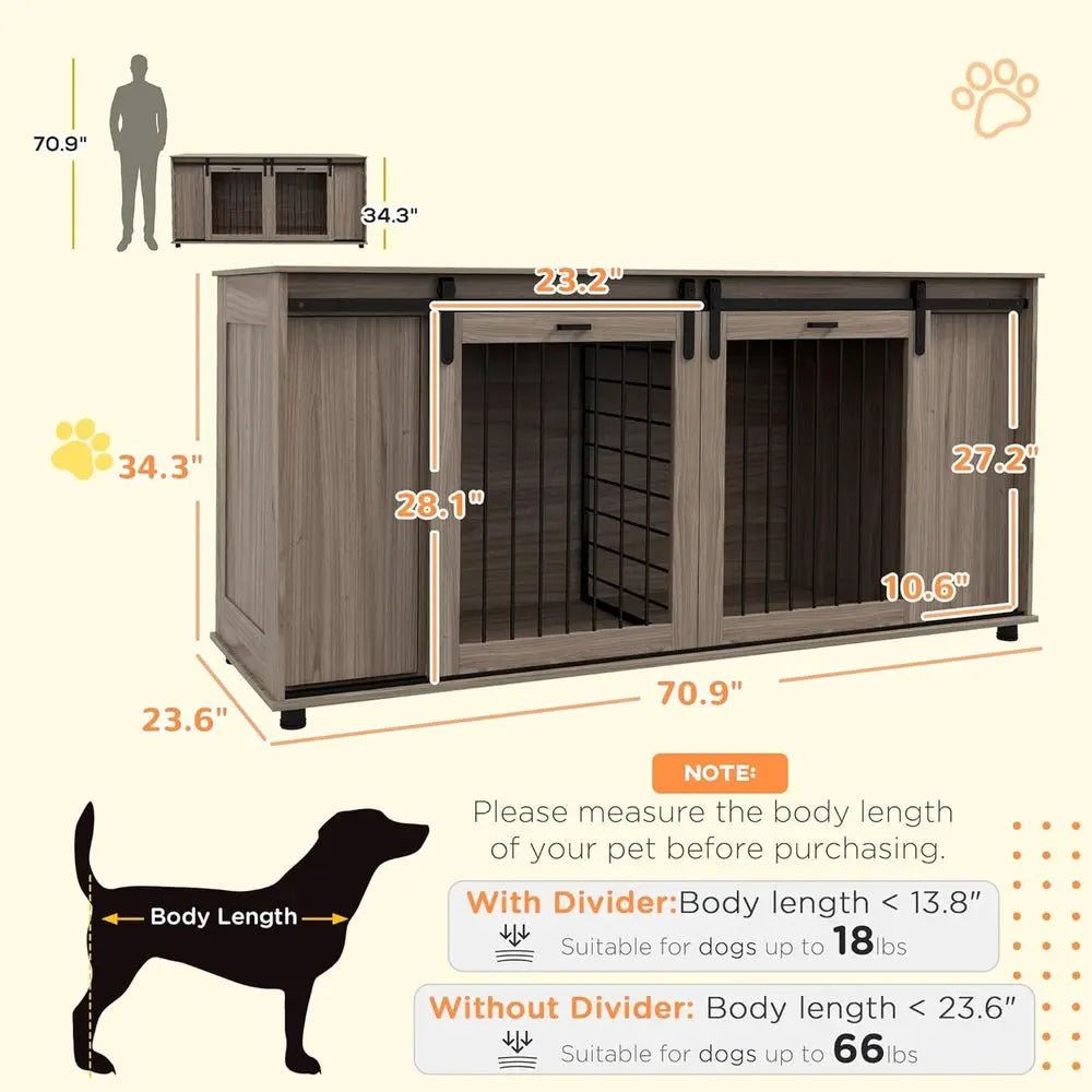 71 Walnut Double Door End Table Crate for Small Dogs or Large Dog with Removable Divider