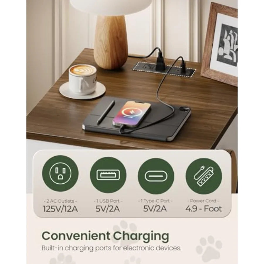 Dog Crate Furniture, Wooden Dog House with Charging Station and Storage Drawer, Indoor Pet Crate End Table for Small Breeds