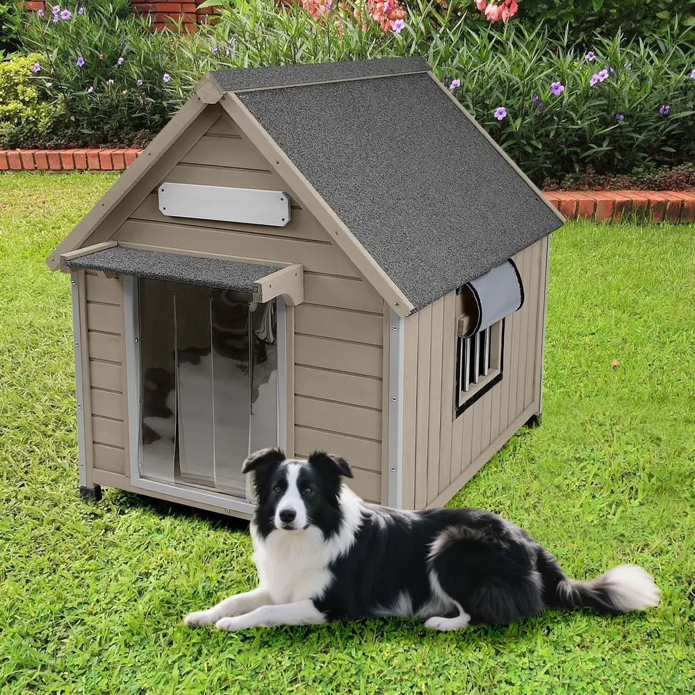 Large Dog House Indoor Outdoor with Window, Doghouse Kennel Shelter with Anti-Chewing Iron Frame for Medium to Small Dogs, Easy Assembly