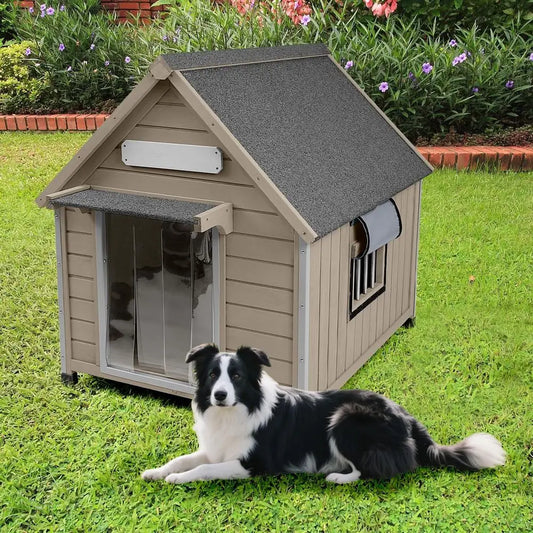 Large Dog House Indoor Outdoor with Window, Doghouse Kennel Shelter with Anti-Chewing Iron Frame for Medium to Small Dogs, Easy Assembly