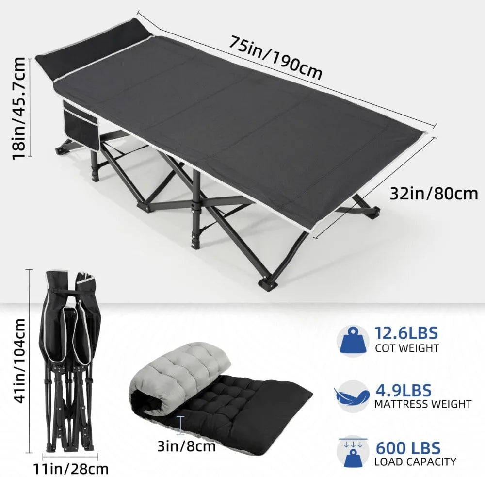 Extra Wide Camping Cot with Mattress, 32" Sleeping Cot for Adults, Holds 600LBS, Portable for Camp, RV, Beach, Office Naps