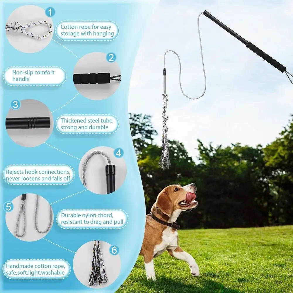 Interactive Chase and Tug-O-War Outdoor Dog Toys, Heavy Duty Dog Teaser Wand Chase Toys with Rope, Durable Stick Pole for Dogs O