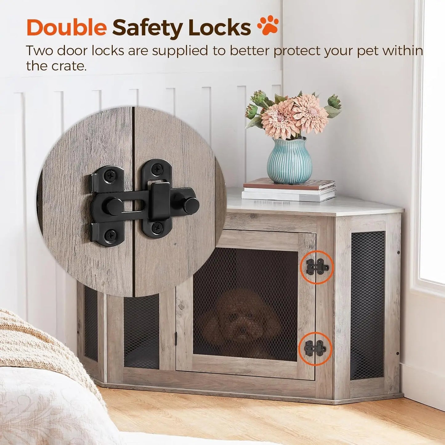 Corner Dog Crate Furniture, Wooden Kennel End Table, Decorative Pet Crate for Small Medium Dogs, TV Stand, Greige and Black