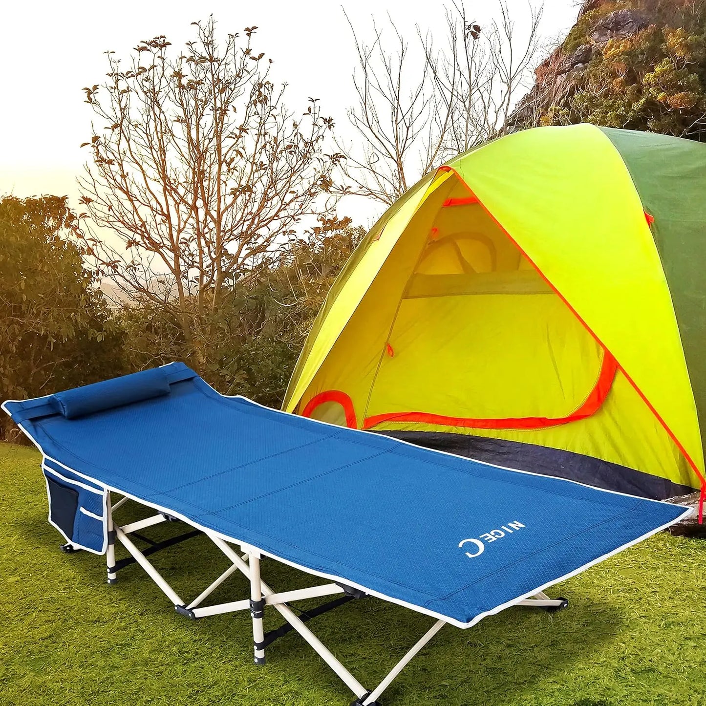 Folding Camping Cot for Adults, Extra Wide with Pillow, Carry Bag & Side Pocket, Holds 500 lbs, Blue