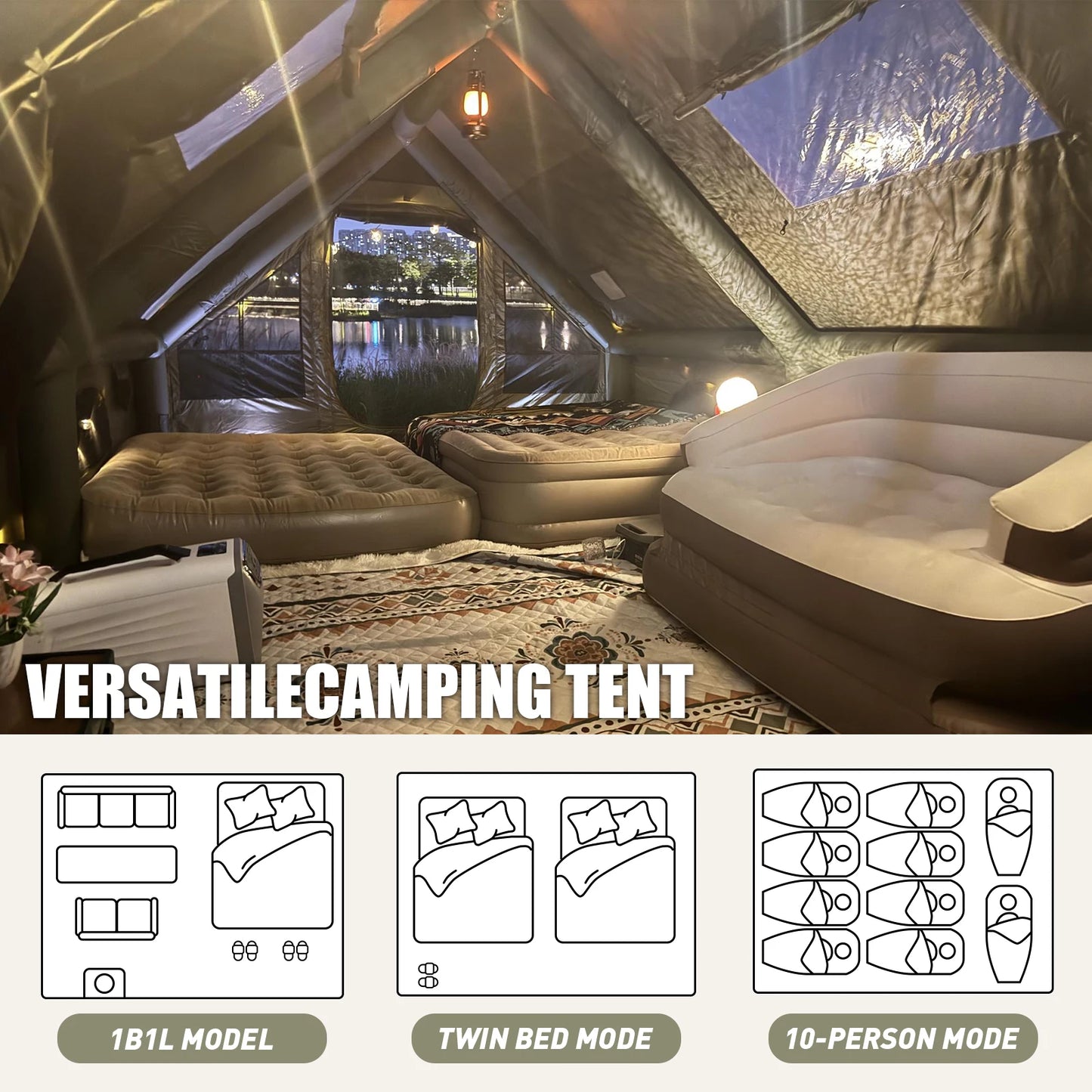 Army Green Waterproof Windproof Inflatable Tent for Camping, 4 Season Air Glamping Tent House with Chimney Opening, AC Vent
