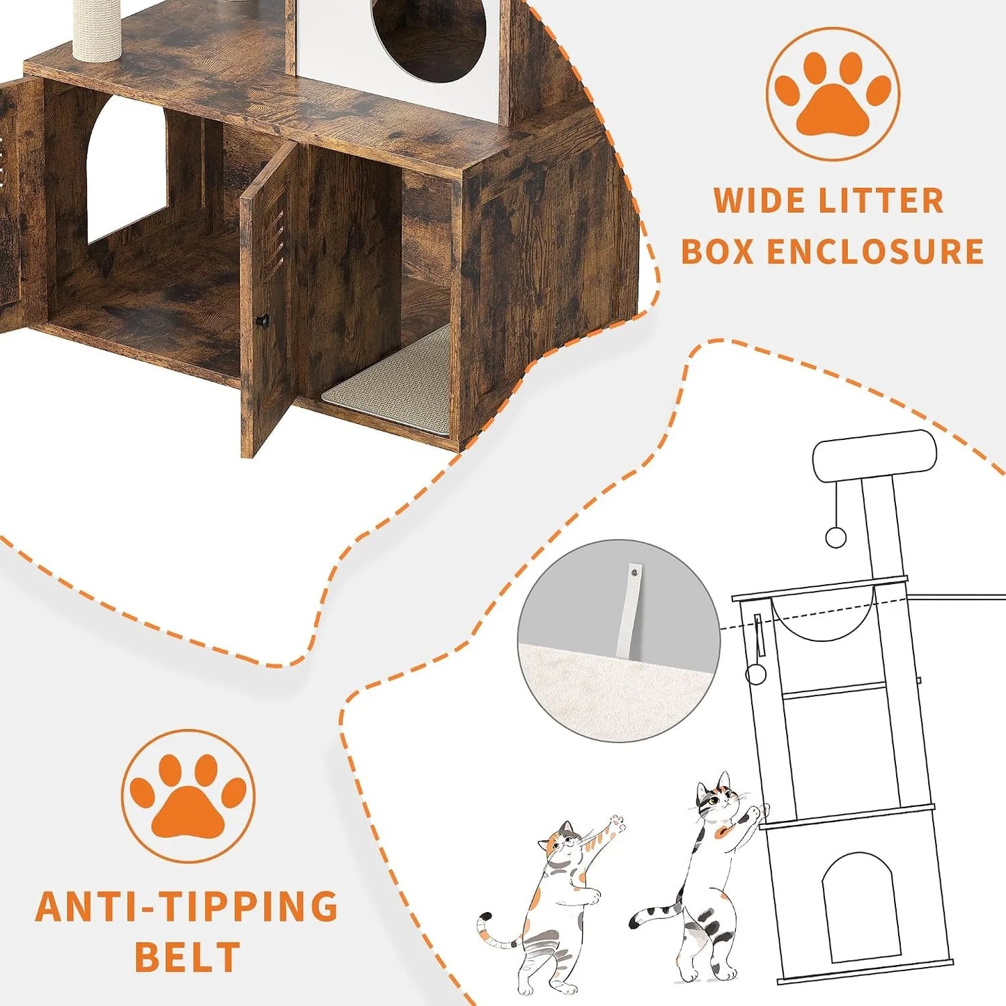 Cat Tower with Litter Box Enclosure, 2-in-1 Modern Cat Tree, 55.1-Inch Cat Condo with Scratching Posts, Hidden Litter Cabinet, Hammock & Perches, Engineered Wood, Indoor Use