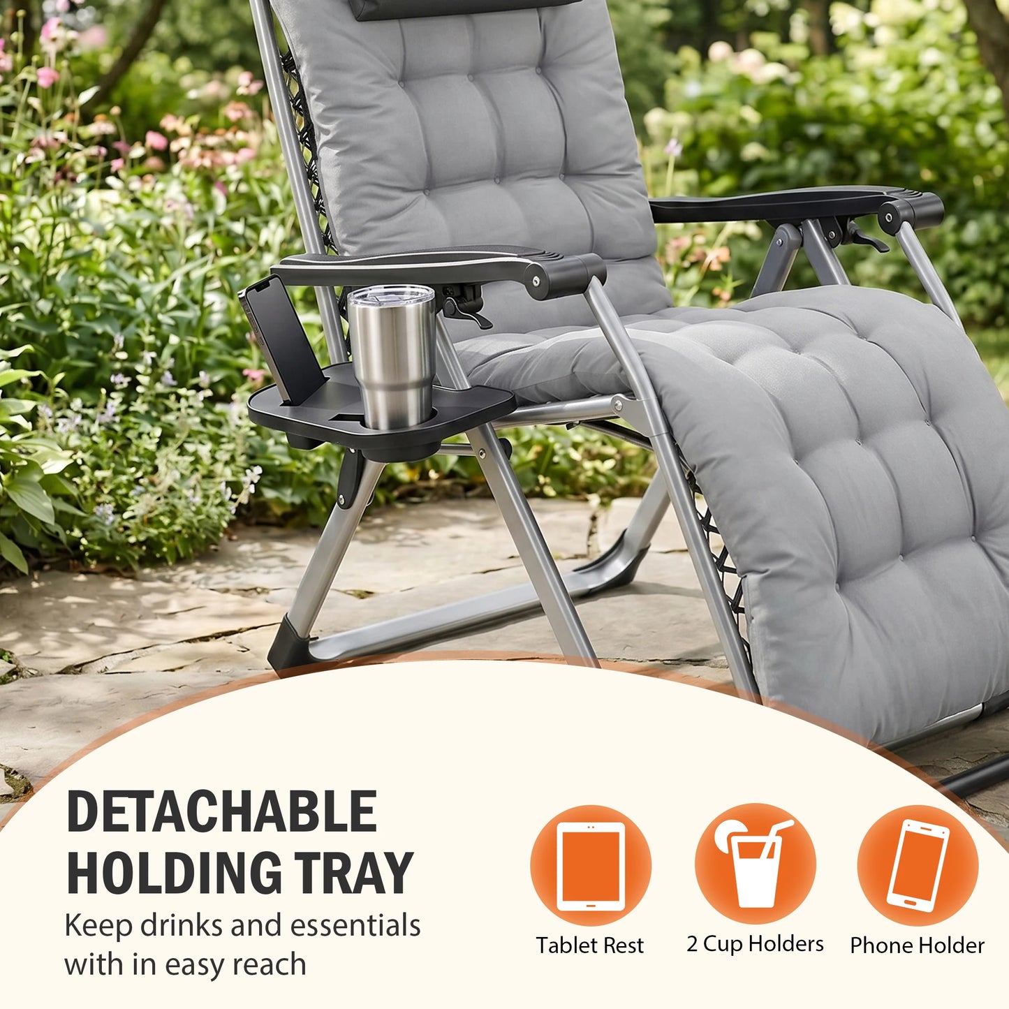 Zero Gravity Reclining Camping Lounge Chair for Outdoor Soft Cushion Patio Chairs With Cup Holder Trays and Removable Cushion Folding Recliner for Indoor