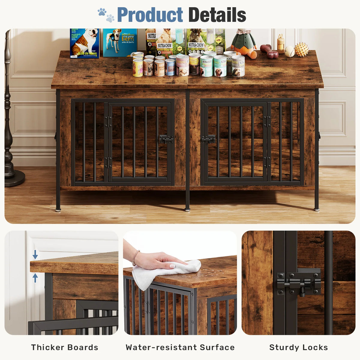 54-Inch Double Door Wooden Dog Cage with Divider Heavy-Duty Extra Large Pet Kennel for Indoor Outdoor Dog Kennel Furniture